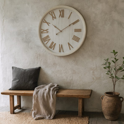 Antique White Wall Clock with Beaded Edge and Raised Roman Numerals