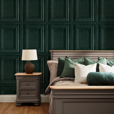 Antique Wood Panel Wallpaper In Green DIY at B&Q