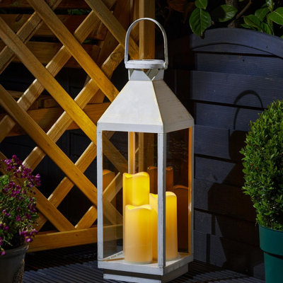 Antiqued Solar Powered Lantern with 3 Flickering LED Pillar Candles Weather Resistant Outdoor Garden Decoration H59.5 x 19.5cm