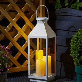 Antiqued Solar Powered Lantern with 3 Flickering LED Pillar Candles - Weather Resistant Outdoor Garden Decoration - H59.5 x 19.5cm