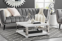 Anzio Square White High Gloss and Silver Chrome Large Coffee Table with Storage Shelf for Sleek Modern Minimalist Living Room