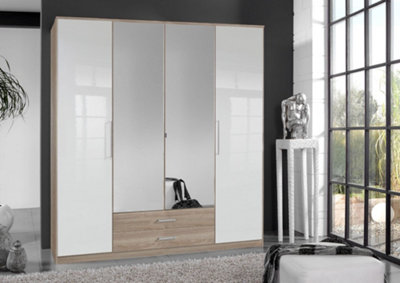 Anzo White Gloss And Oak Effect 4 Door Wardrobe