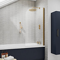 Apex Brushed Brass Curved Top 6mm Hinged 1400mm Bath Screen
