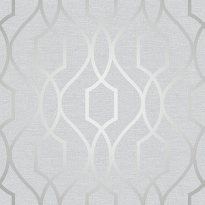 Apex Geometric Trellis Wallpaper Stone and Silver Fine Decor FD41995