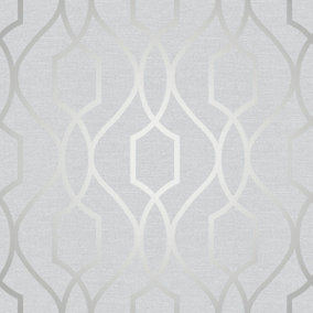 Apex Geometric Trellis Wallpaper Stone and Silver Fine Decor FD41995