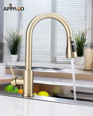 APPASO Gold Kitchen Tap, kitchen mixer tap pull-out spray 360 swivel 3-mode stainless steel