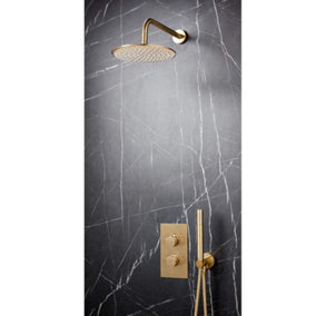 Apres Brushed Brass Round Handle, Built-in Shower Valve Handset & Wall Mounted Head
