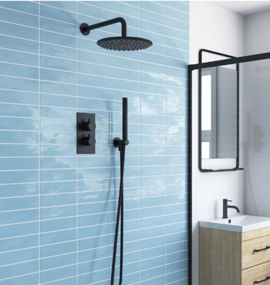 Apres Dual Function Concealed Shower Valve Matt Black - Complete Shower System - Matt Black Finish - Fixed Head and Fixed Handset