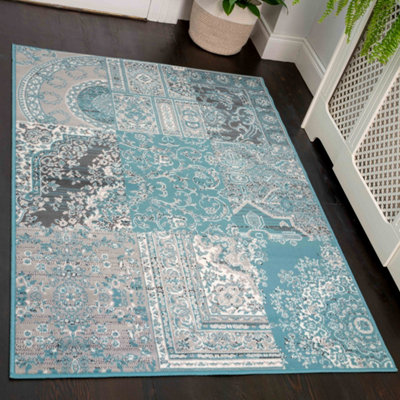 Aqua Blue Grey Traditional Patchwork Living Room Rug 120x170cm