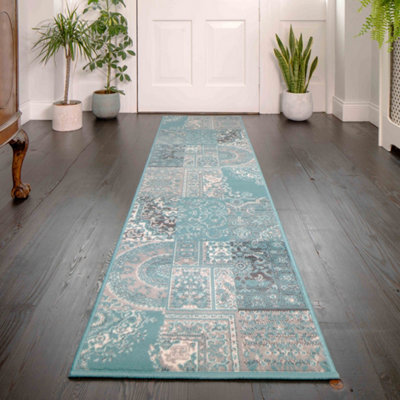 Aqua Blue Grey Traditional Patchwork Living Room Runner Rug 60x240cm