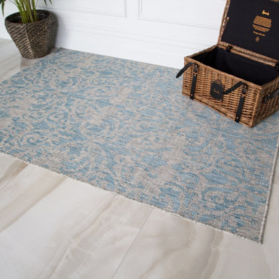 Aqua Blue Vintage Floral Flatweave Indoor Outdoor Rug 200x290cm | DIY ...