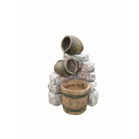 Aqua Creations Medium 2 Pots & Wooden Barrel Solar Water Feature with Protective Cover
