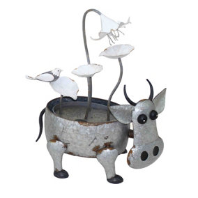 Aqua Creations Metal Cow with Flowers Solar Water Feature with Protective Cover