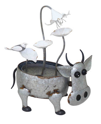 Aqua Creations Metal Cow with Flowers Solar Water Feature with Protective Cover
