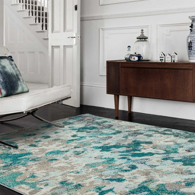Aqua Modern Easy to Clean Abstract Geometric Rug For Dining Room-120cm ...
