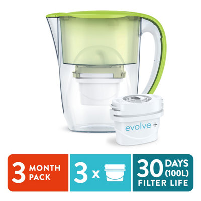 Aqua Optima Oria Water Filter Jug, 2.8L & 3 Evolve+ Filter (3 Month Pack) Green