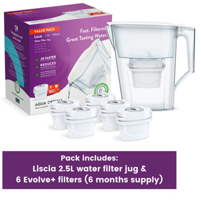 Aqua Optima Water Filter Jug Liscia 2.5 Litre & 6 Evolve+ Filters (6 Month Pack)