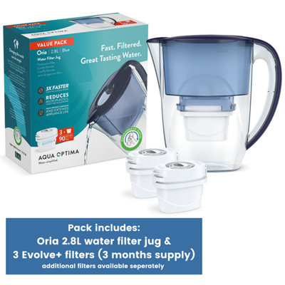 Aqua Optima Water Filter Jug Oria 2.8L & 3 Evolve+ Filters (3 Month Pack) Blue