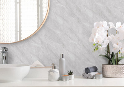 Aquabord PVC T&G Shower Wall Panels - Light Grey Marble (Gloss) - Offer includes 1 panel, 1 tube adhesive, and 1 edge trim Price Comparisons | Compare The Build
