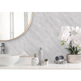 Aquabord PVC T&G Shower Wall Panels - Light Grey Marble (Matt) - Offer includes 1 panel, 1 tube adhesive, and 1 edge trim