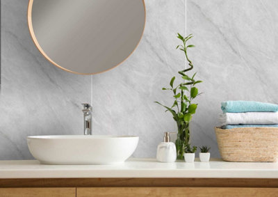 Aquaclad Bathroom Cladding -  Light Grey Marble Gloss  - Offer includes panels, 1 adhesive & 1 edge trim