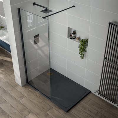 Aquadart Luxury Black Slate Effect Shower Tray - Brushed Brass Waste - Rectangular - 1600 x 800mm