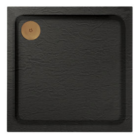 Aquadart Luxury Black Slate Effect Shower Tray - Brushed Brass Waste - Square - 800 x 800mm