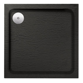 Aquadart Luxury Black Slate Effect Shower Tray - Standard Chrome Waste - Square - 800 x 800mm