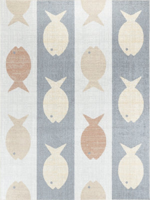 AQUAFIESTA Kids Machine Washable Beige/Grey/Orange Bedroom Area Rug 120 x 170 cm