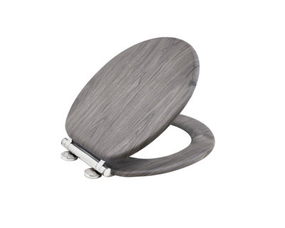 AQUALONA Grey Oak Effect Toilet Seat - MDF Wood with Soft Close and One Button Quick Release