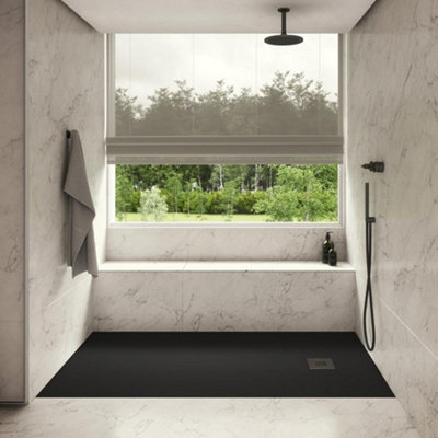 Aquarius Honiston Mineral Composite Slate Effect Shower Tray in Midnight Black - 1200 x 700mm