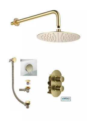 Aquarius RainLux Round Brushed Brass 2 Outlet Overflow Filler Shower Bundle