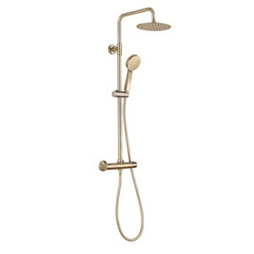 Aquarius Round Thermostatic Adjustable Overhead Shower and Kit Brushed Brass
