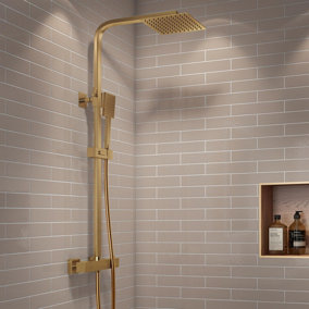 Aquarius Square Thermostatic Adjustable Overhead Shower and Kit Brushed Brass