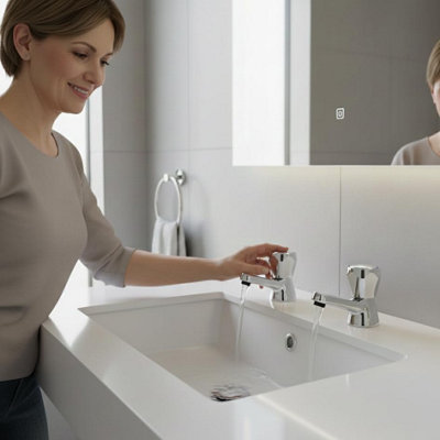 Araya Modern Basin Tap Pair Chrome - Dual Hot & Cold Taps - Solid Brass Construction - Bathroom Sink Fittings