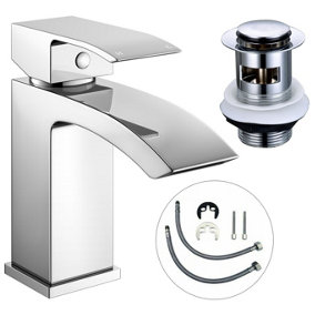 ARC Waterfall Basin Mixer Tap Chrome Basin Sink Mono Bathroom + Fixings + Waste