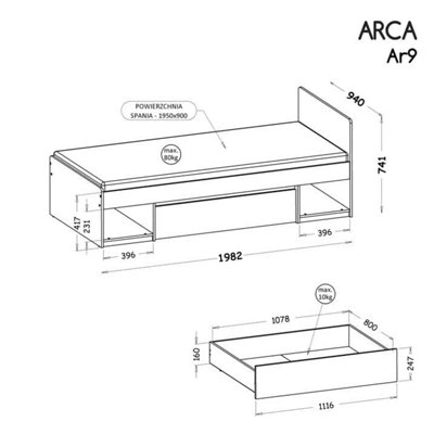 Arca AR9 Bed with Drawer 90x195cm - Stylish Durability in Oak Wotan & Arctic White, H741mm W1982mm D940mm
