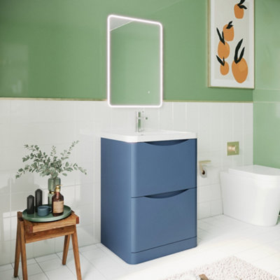 Arch Floor Standing 2 Drawer Vanity Basin Unit with Polymarble Basin, 600mm - Satin Blue - Balterley