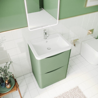 Arch Floor Standing 2 Drawer Vanity Basin Unit with Polymarble Basin, 600mm - Satin Green - Balterley