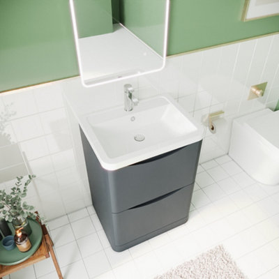 Arch Floor Standing 2 Drawer Vanity Basin Unit with Polymarble Basin, 600mm - Soft Black - Balterley