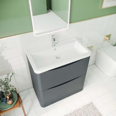 Arch Floor Standing 2 Drawer Vanity Basin Unit with Polymarble Basin, 800mm - Soft Black - Balterley