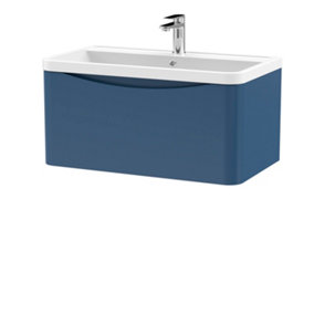 Arch Wall Hung 1 Drawer Vanity Basin Unit with Polymarble Basin, 800mm - Satin Blue - Balterley