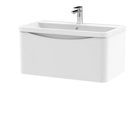 Arch Wall Hung 1 Drawer Vanity Basin Unit with Polymarble Basin, 800mm - Satin White - Balterley