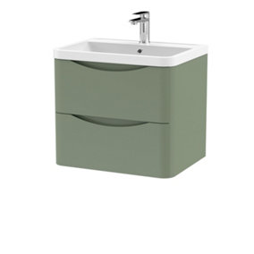 Arch Wall Hung 2 Drawer Vanity Basin Unit with Polymarble Basin, 600mm - Satin Green - Balterley