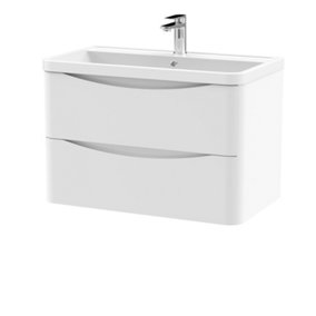 Arch Wall Hung 2 Drawer Vanity Basin Unit with Polymarble Basin, 800mm - Satin White - Balterley