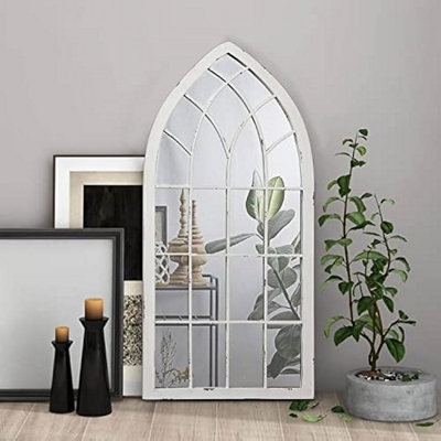 Arched Top Window Wall Mounted Framed Mirror White Brush Unique Design Distressed Decorative Item Indoor And Outdoor Use 51x114 Cm