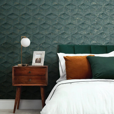 Architectural Concrete wallpaper in emerald & gold DIY at B&Q