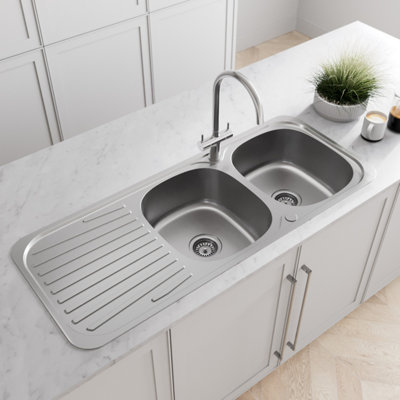 Arciflo Stainless Steel 2 Bowl Double Kitchen Sink Right Hand RH Drainer Inset Basket Waste