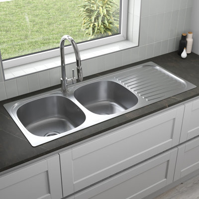 Arciflo Stainless Steel 2 Bowl Double Kitchen Sink Right Hand RH Drainer Inset Basket Waste