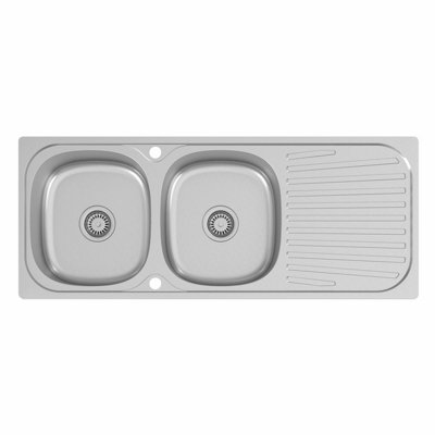 Arciflo Stainless Steel 2 Bowl Double Kitchen Sink Right Hand RH Drainer Inset Basket Waste